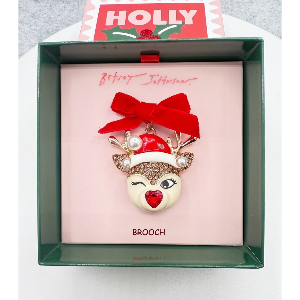 Betsey Johnson Christmas Rudolph Wink Reindeer Brooch Pin Gold Tone NWT In Box